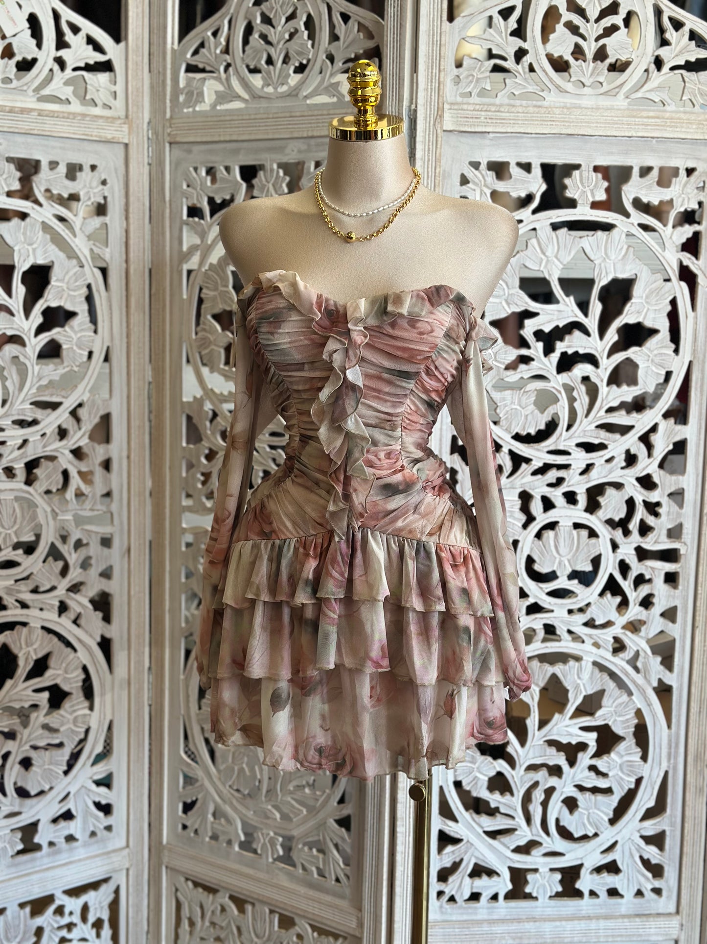 Brushed Floral Ruffled Mini Dress- Stretchy, Estira