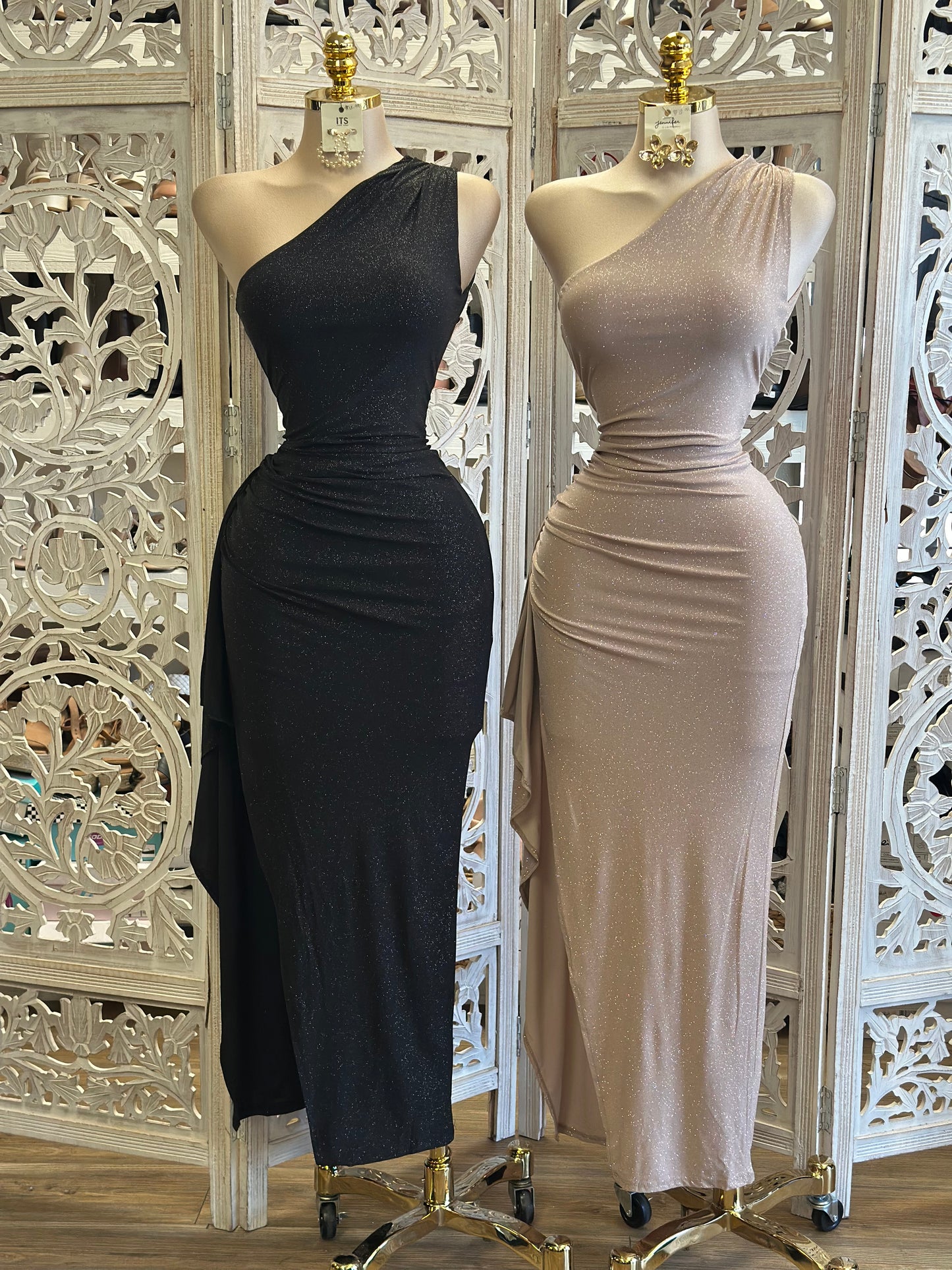 Shimmery Asymmetrical Backless Dress- Stretchy,Estira