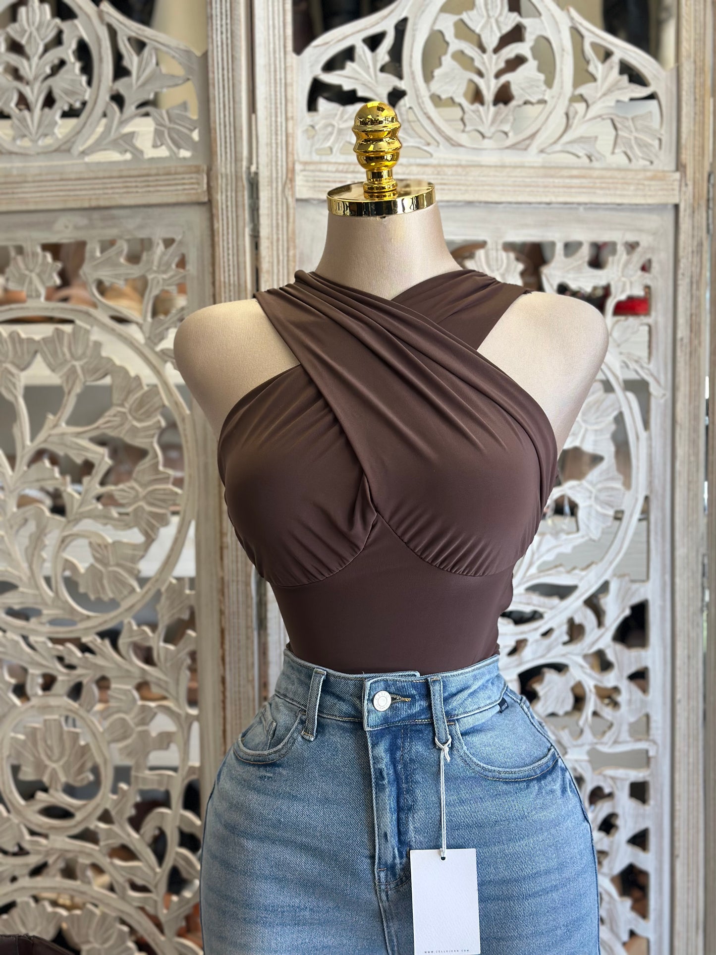 Cross front Solid Bodysuit - Estira, Stretchy