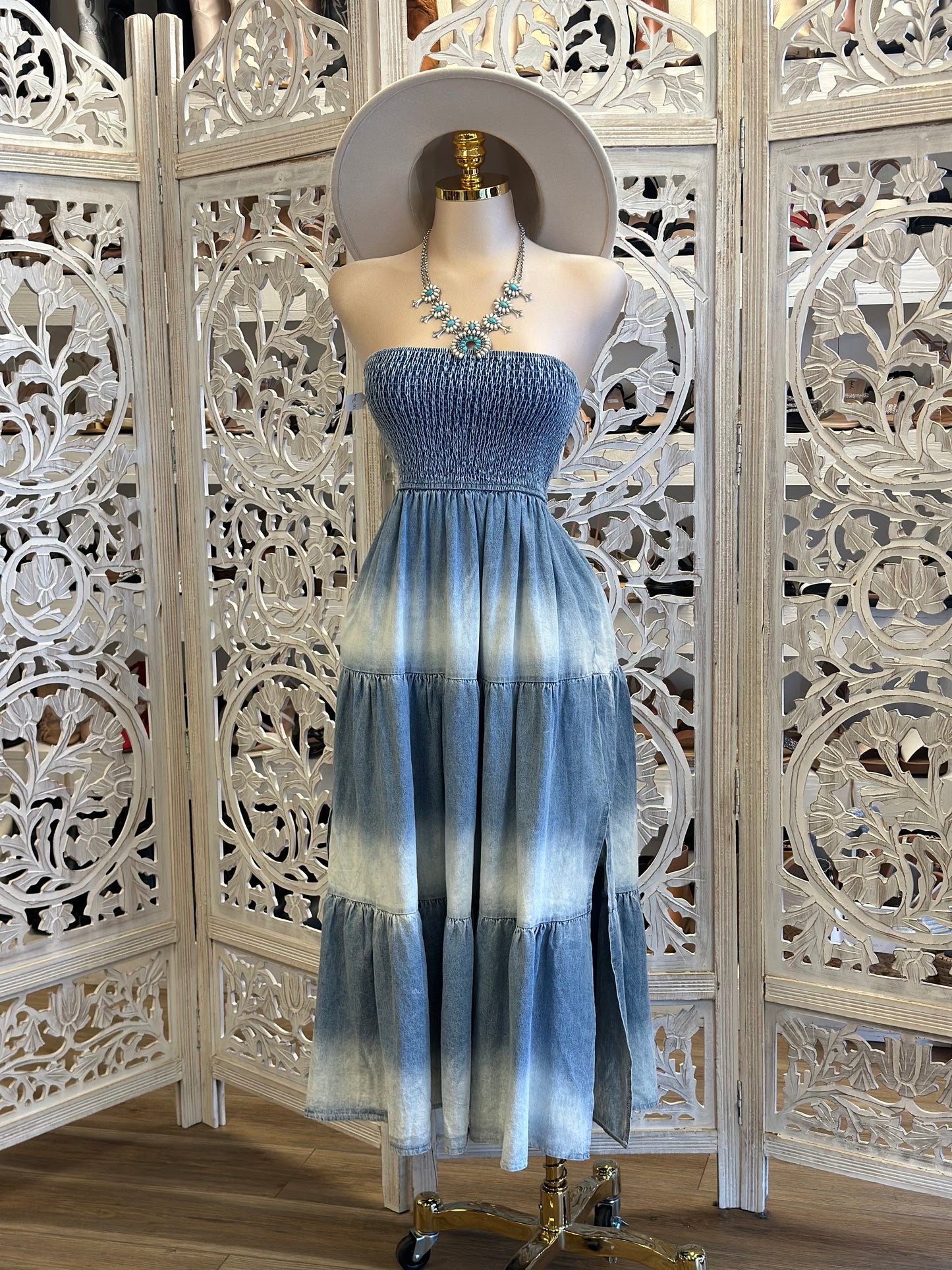 Strapless Smocked Denim Ombree Dress - Estira, Stretchy