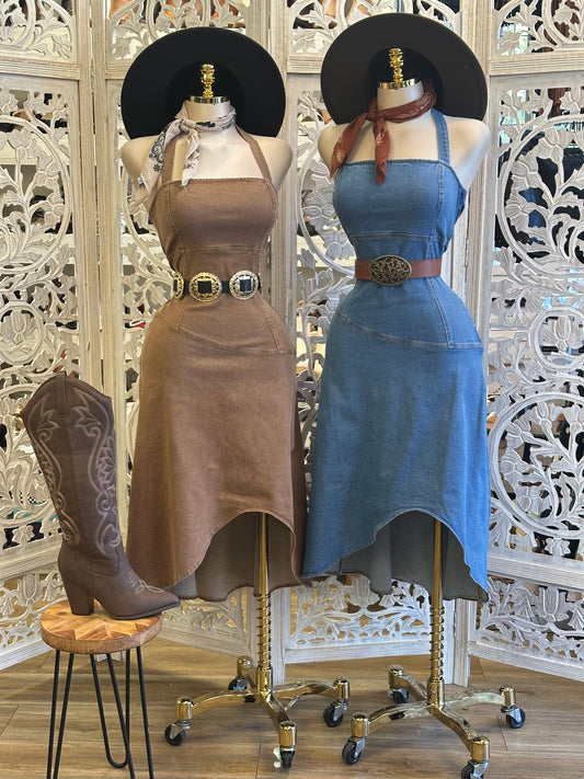 Oval Denim Halter Dress- Stretchy ,Estira
