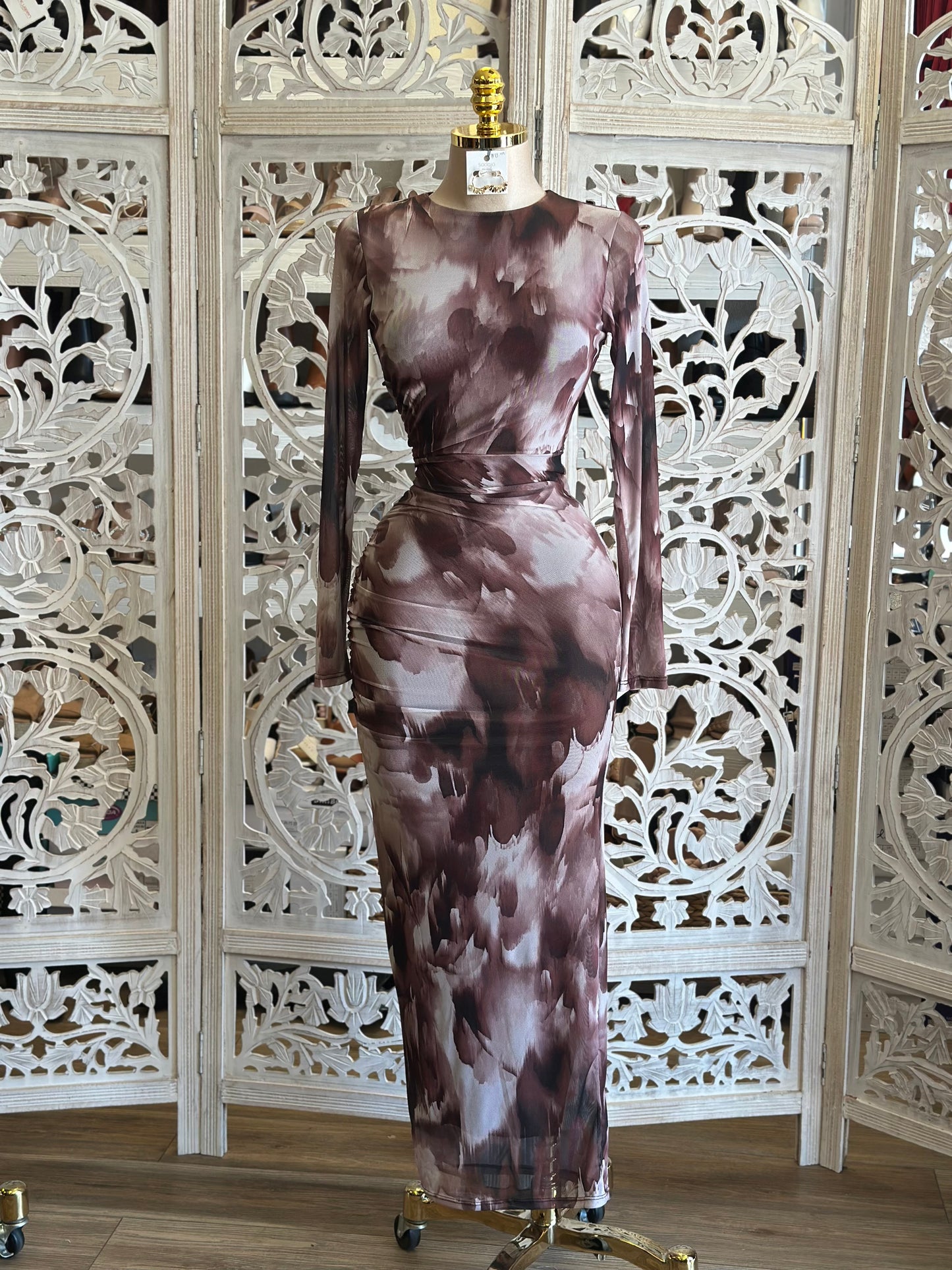 Brushed Pattern Brown Mesh Ruched  Dress- Stretchy,Estira