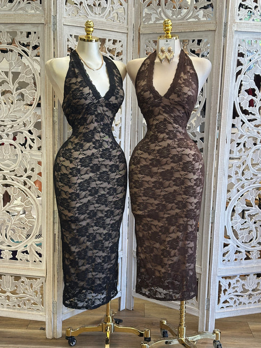 Nude Lace Midi Dress- Estira, Stretchy