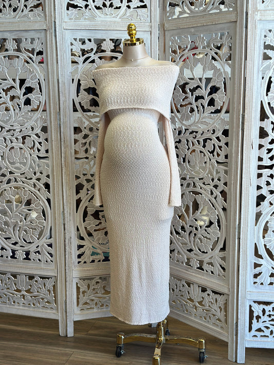 Wheat Knit Off Shoulder Dress-Stretchy,Estira