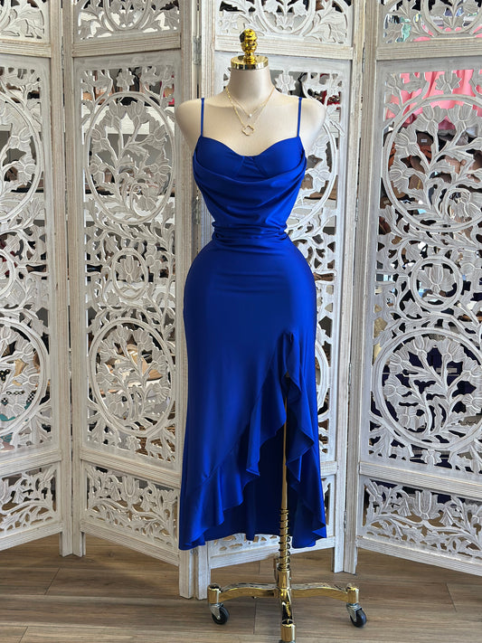 Royal Blue Ruffle Slit Cami Midi Dress - Estira, Stretchy