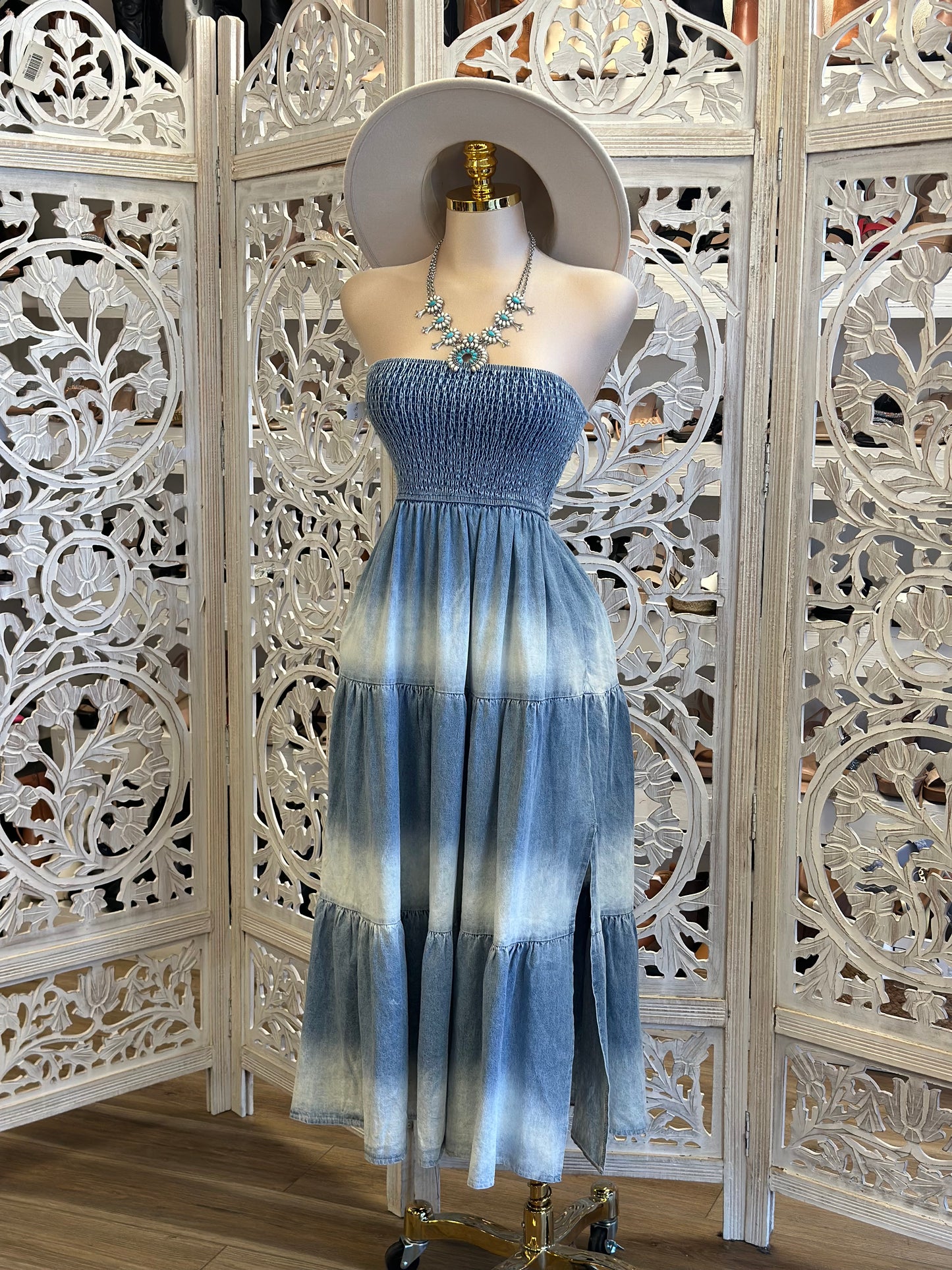 Strapless Smocked Denim Ombree Dress - Estira, Stretchy