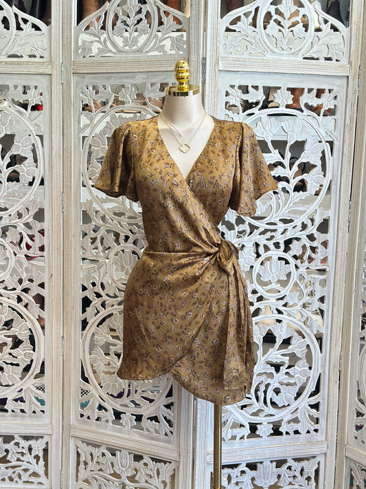 Brown Floral Satin Wrapped Mini Dress - No Estira, Not Stretchy