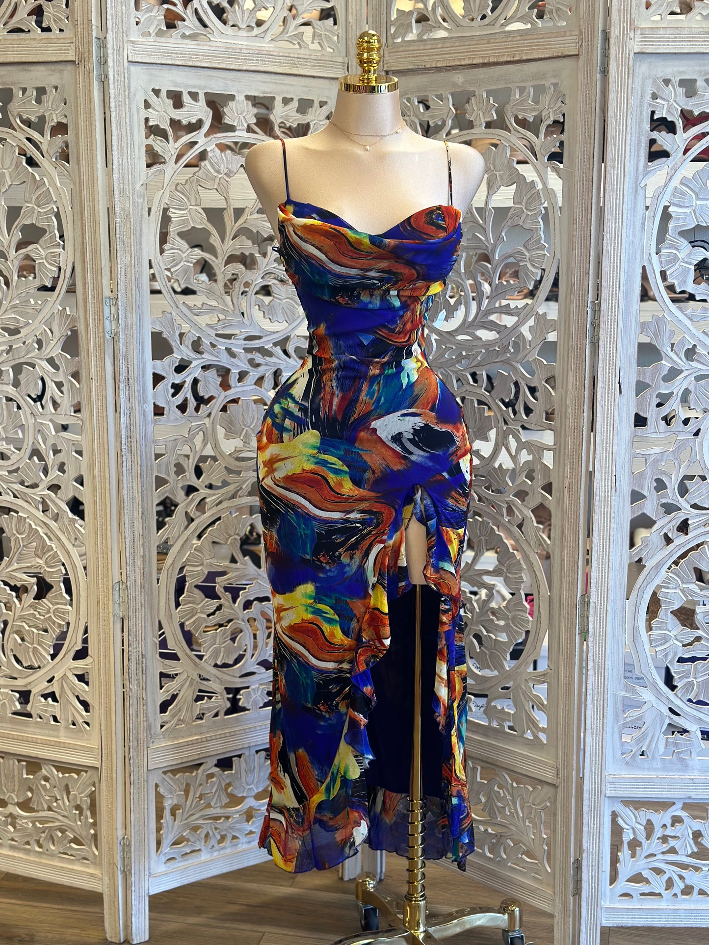 Cowl Neck Multi Color Ruffle Dress - Stretchy, Estira