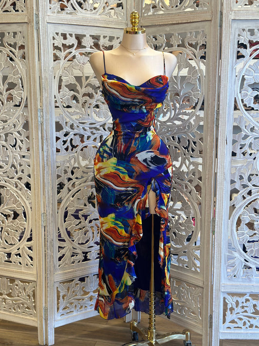 Cowl Neck Multi Color Ruffle Dress - Stretchy, Estira