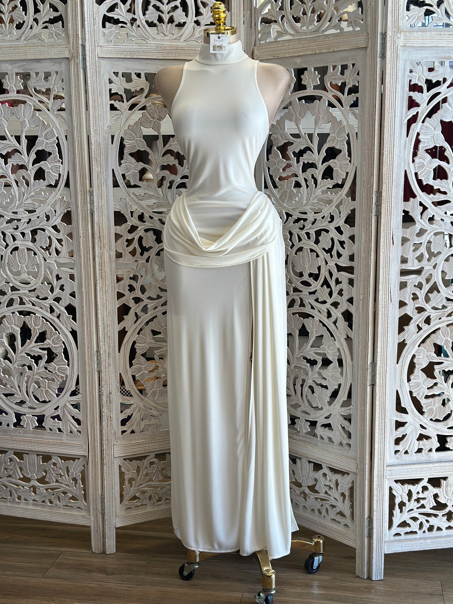 White Mock Neck Draped Maxi Dress-Estira, Stretchy