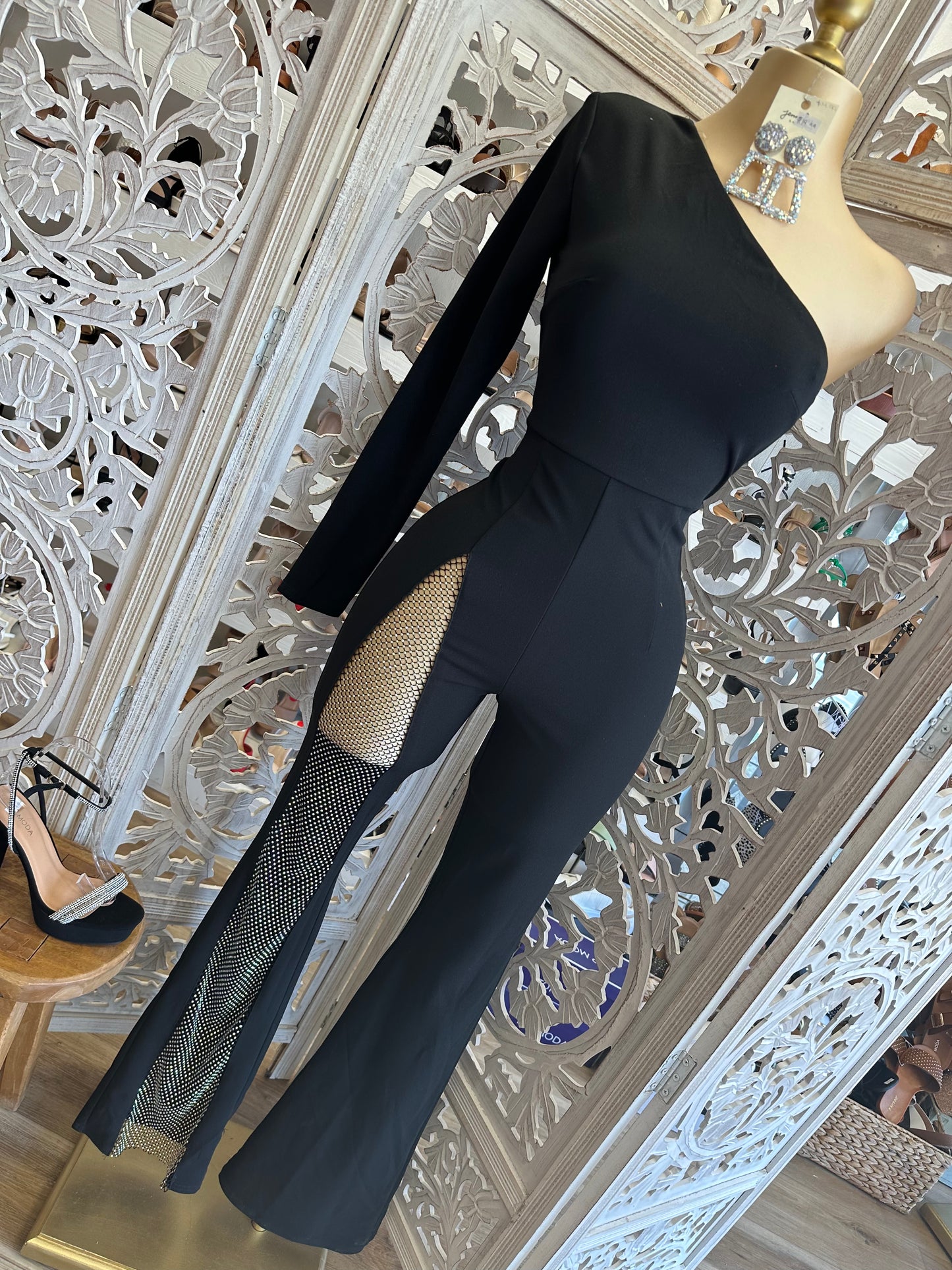 One Sleeve Cutout Rhinestone Jumpsuit