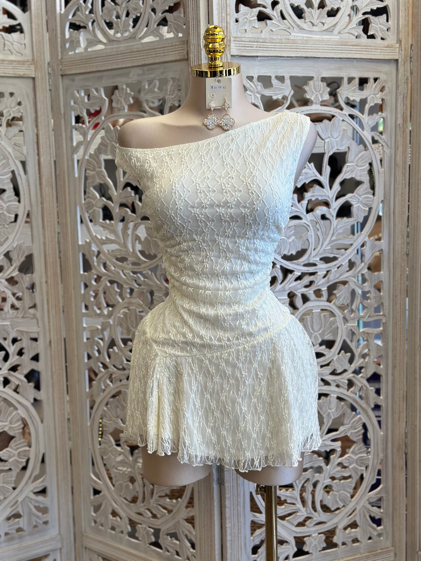 Asymmetrical Ivory Mini Lace Dress- Slightly Stretchy , Estira Poco