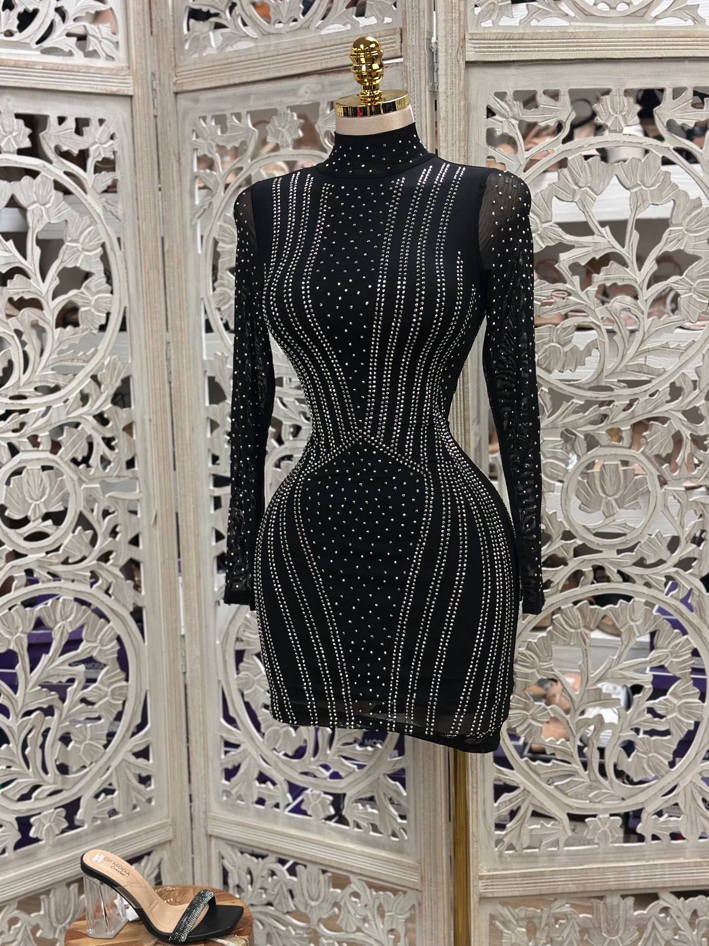 Geometric Black Rhinestone Mini Dress- Slightly Stretchy,Estira Poco