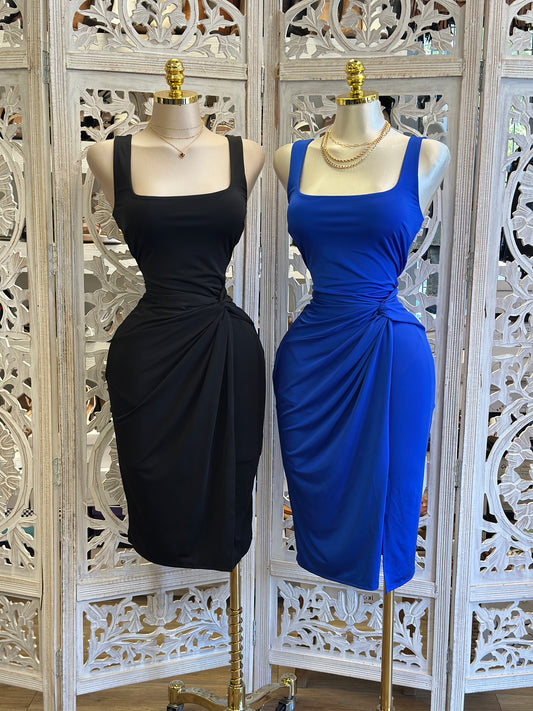 Square Neck Draped Dress- Estira, Stretchy