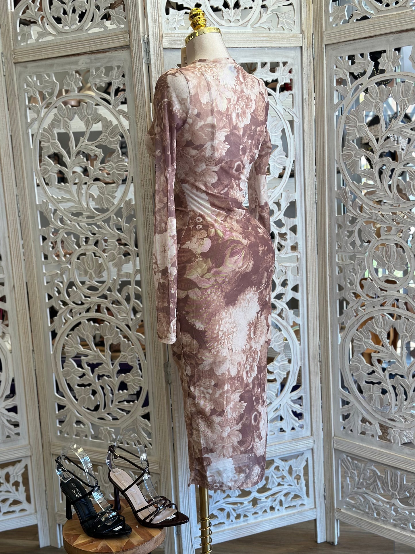 Pattern Long Sleeve Mesh Midi Dress - Estira, Stretchy