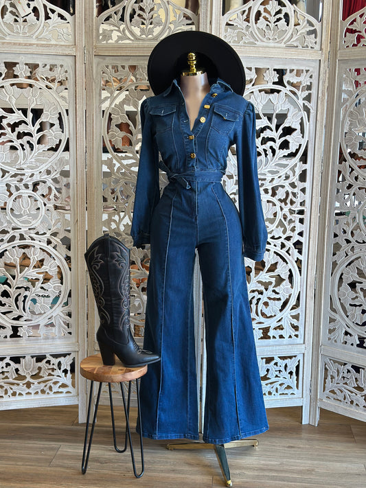 Denim Gold Button Up Jumpsuit - Stretchy,Estira