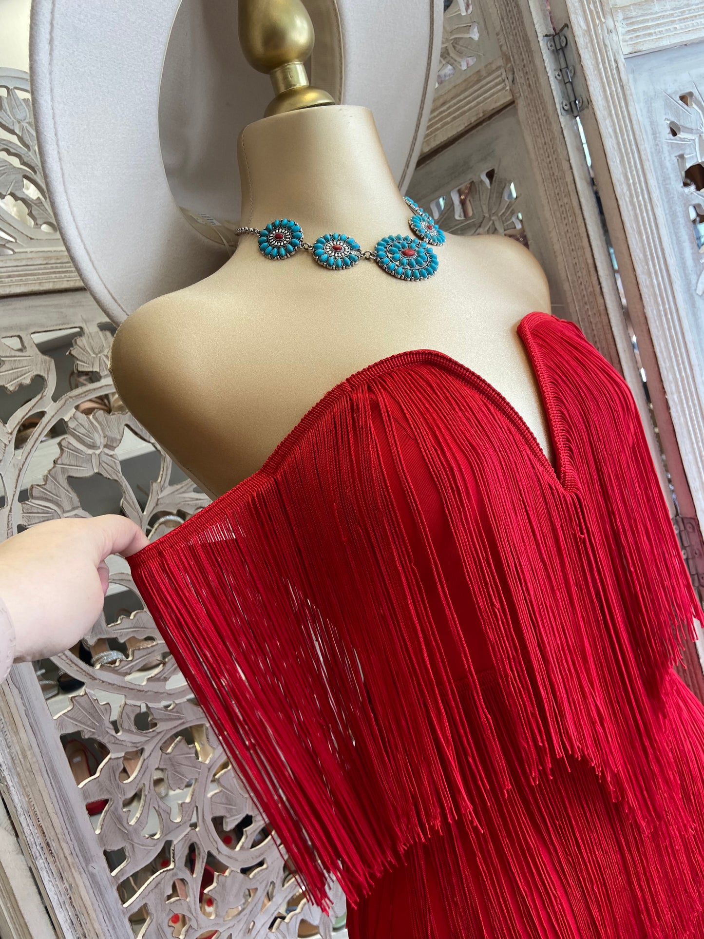 Red Fringe Dress- Stretchy, Estira