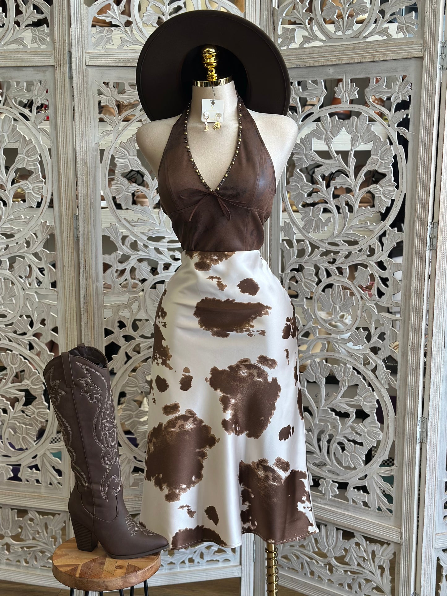 Satin Cow Print Midi Skirt- Slightly Stretchy ,  Estira Poco