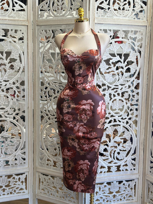 Backless Rose Wine Floral Midi Dress- Stretchy
