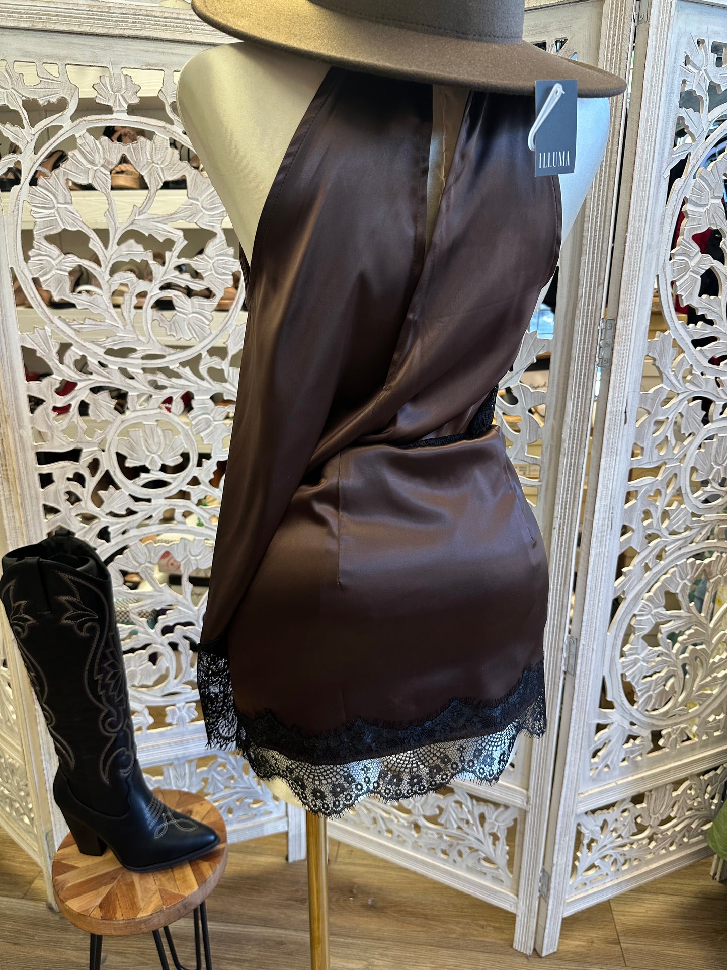 Lace Lined Chocolate Satin Set-Stretchy, Estira