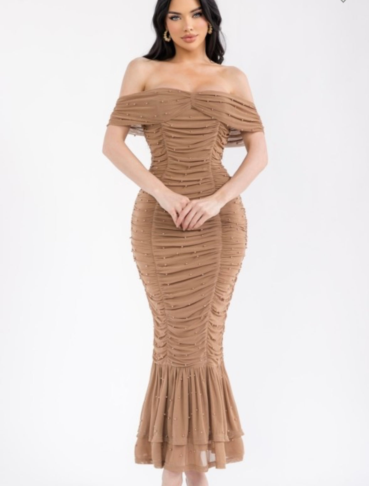 Ruched Embellished Midi Dress- Stretchy, Estira