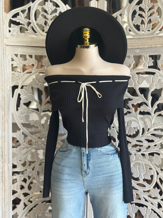 Black Off Shoulder Ribbed Ribbon Top- Estira, Stretchy