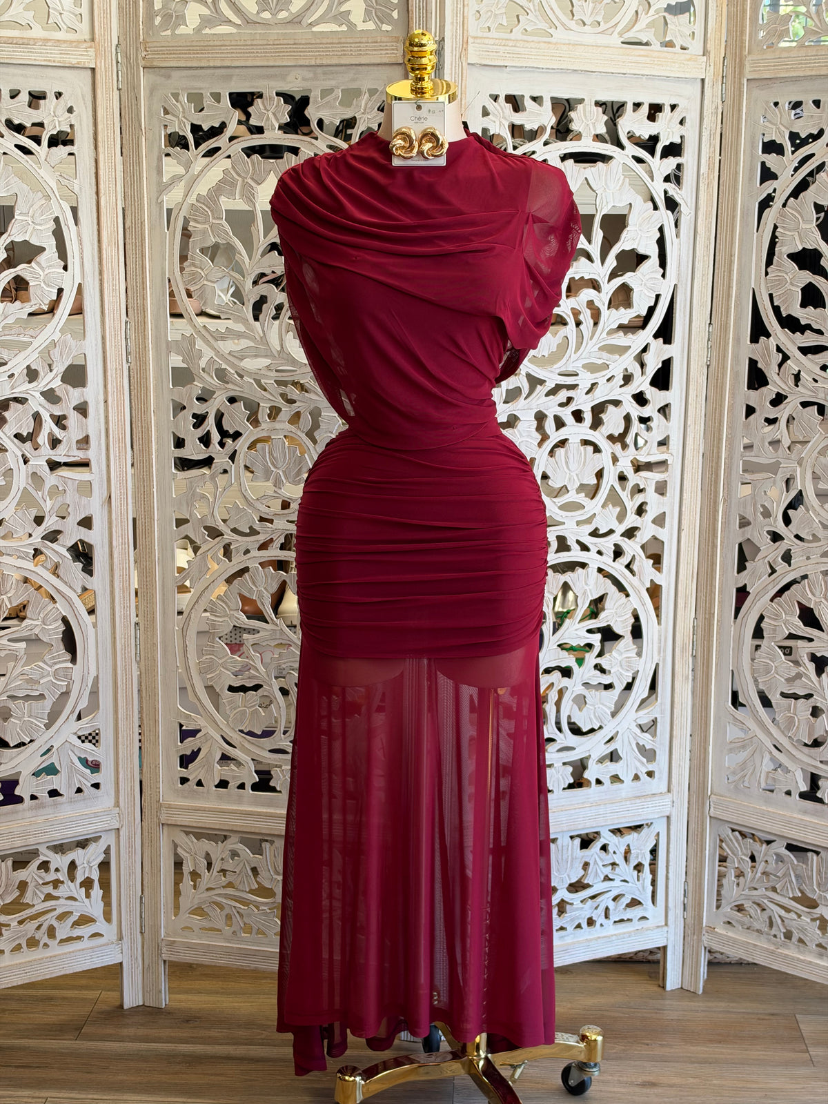 Velvet Draped Maxi Dress- Estira , Stretchy
