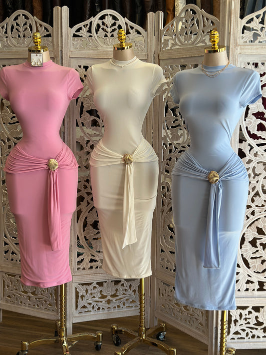 Gold Shell Knotted Midi Dress- Stretchy,Estira