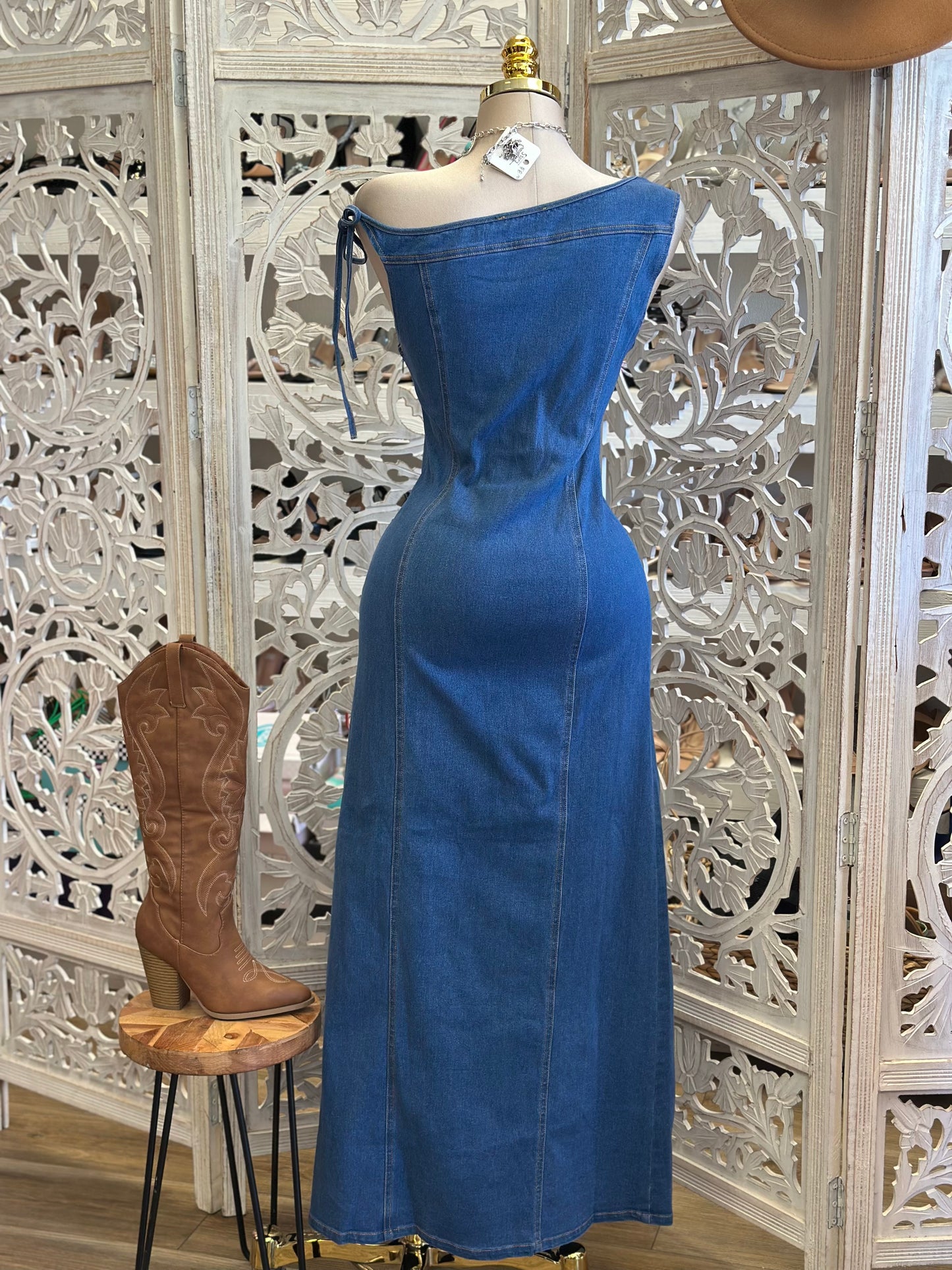 Denim Off Shoulder Midi Dress- Slightly Stretchy, Estira Poco