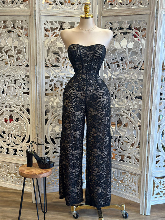 Strapless Black Lace Jumpsuit- Estira, Stretchy