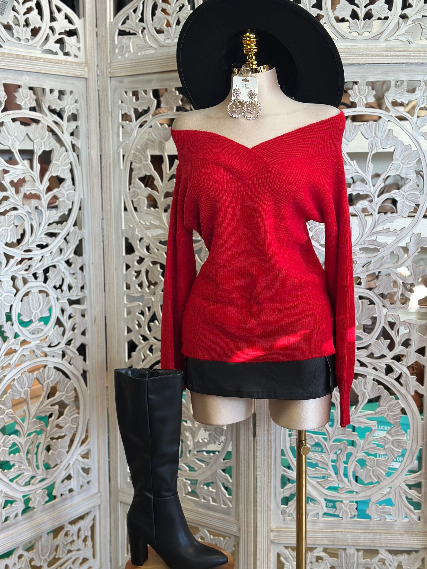 Red V Off Shoulder Knit Sweater