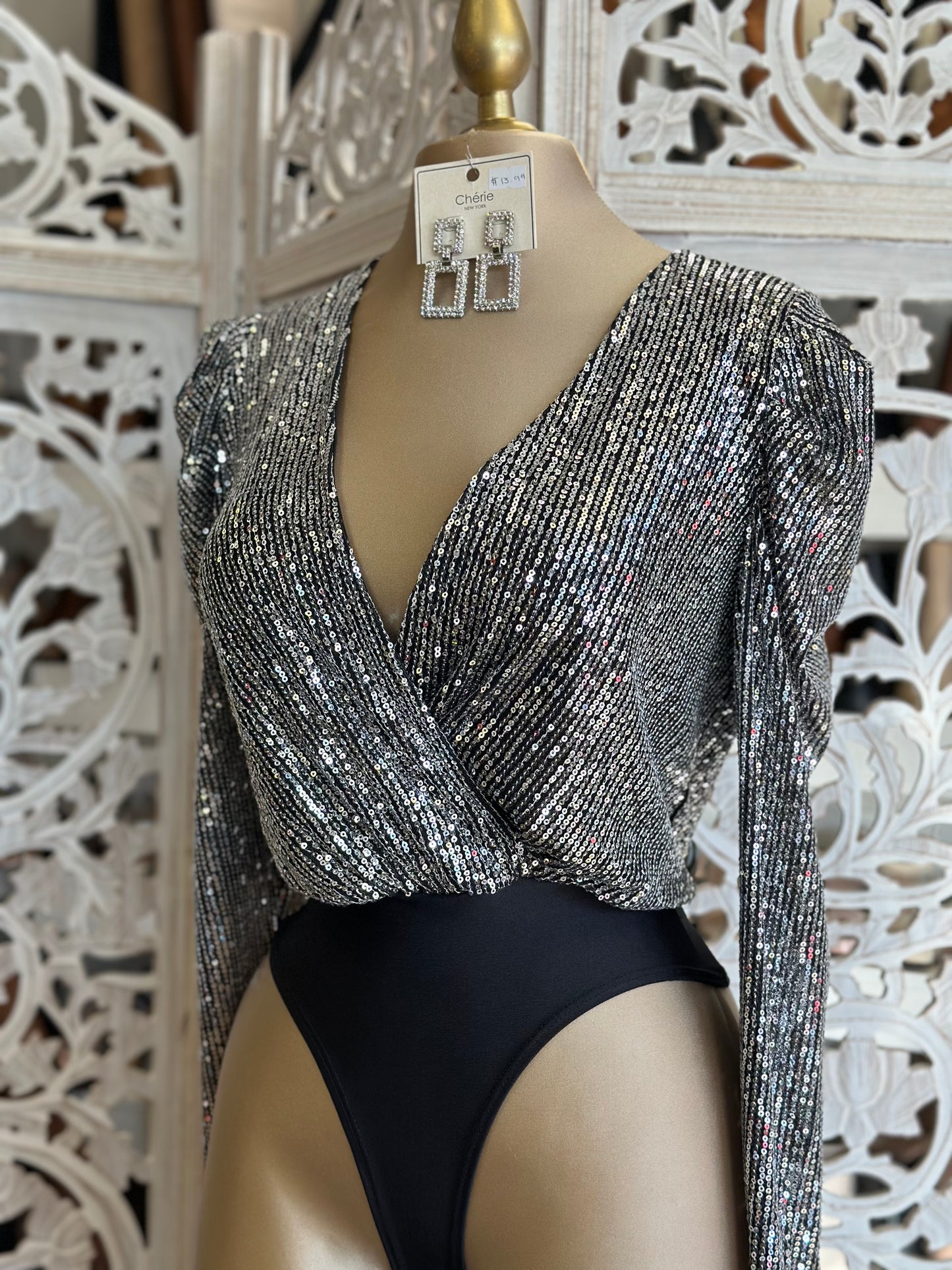 Wrapped Sequin Silver Bodysuit