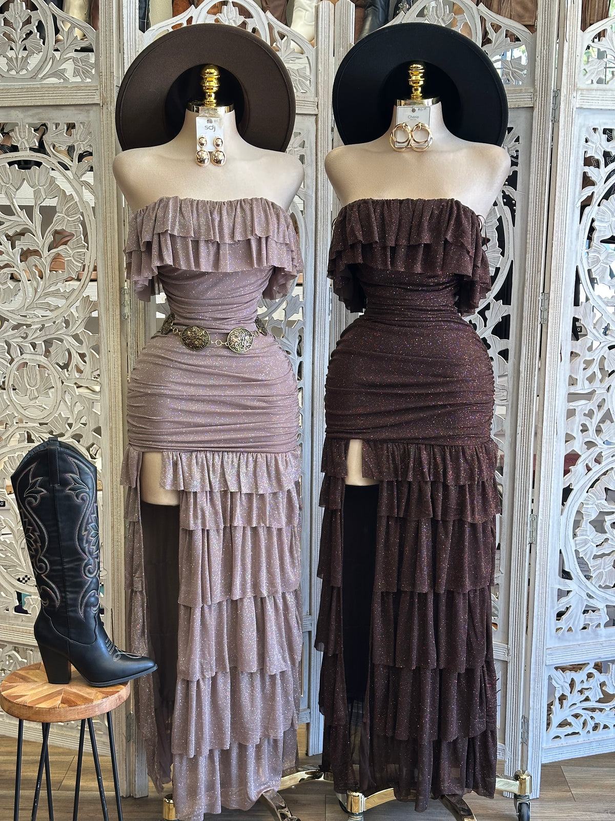 Penelope Shimmer Tiered Gown- Estira, Stretchy