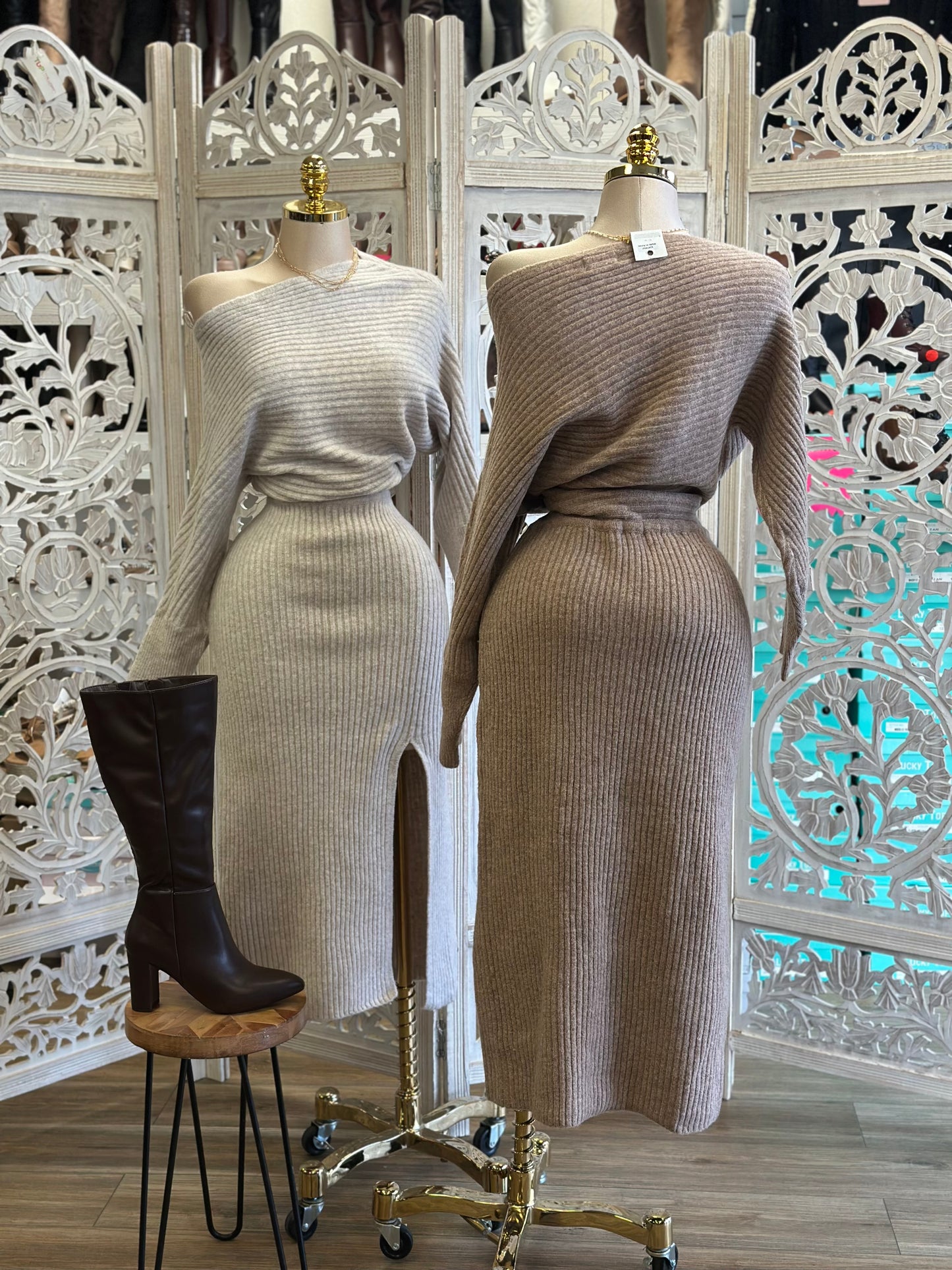 Neutral Off Shoulder Sweater Dress- Stretchy,Estira