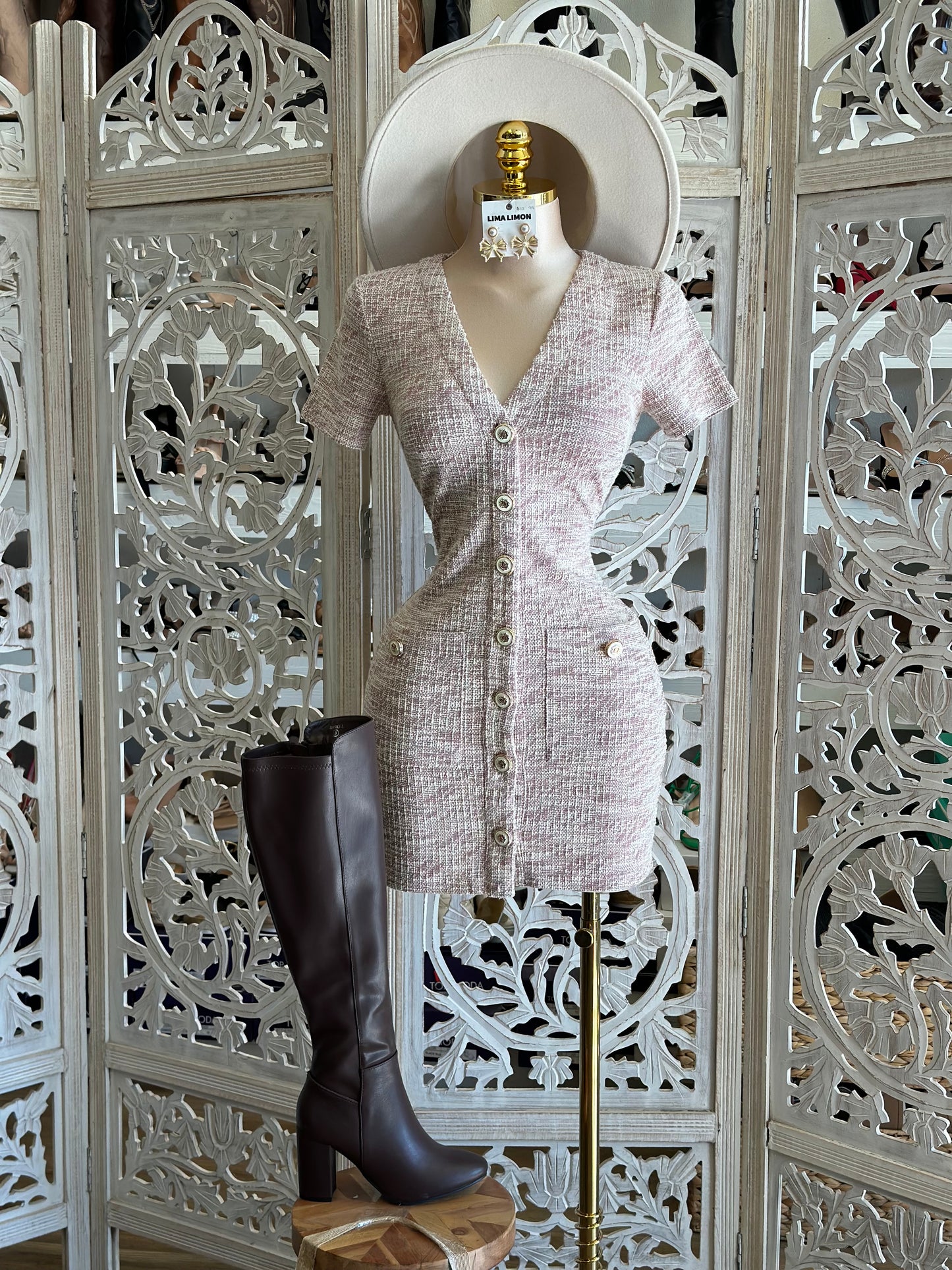 Pale Pink Button Ribbed Mini Dress- Stretchy, Estira