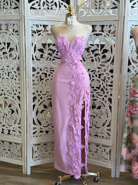 Lavender Rose Slit Lace Dress-Estira, Stretchy