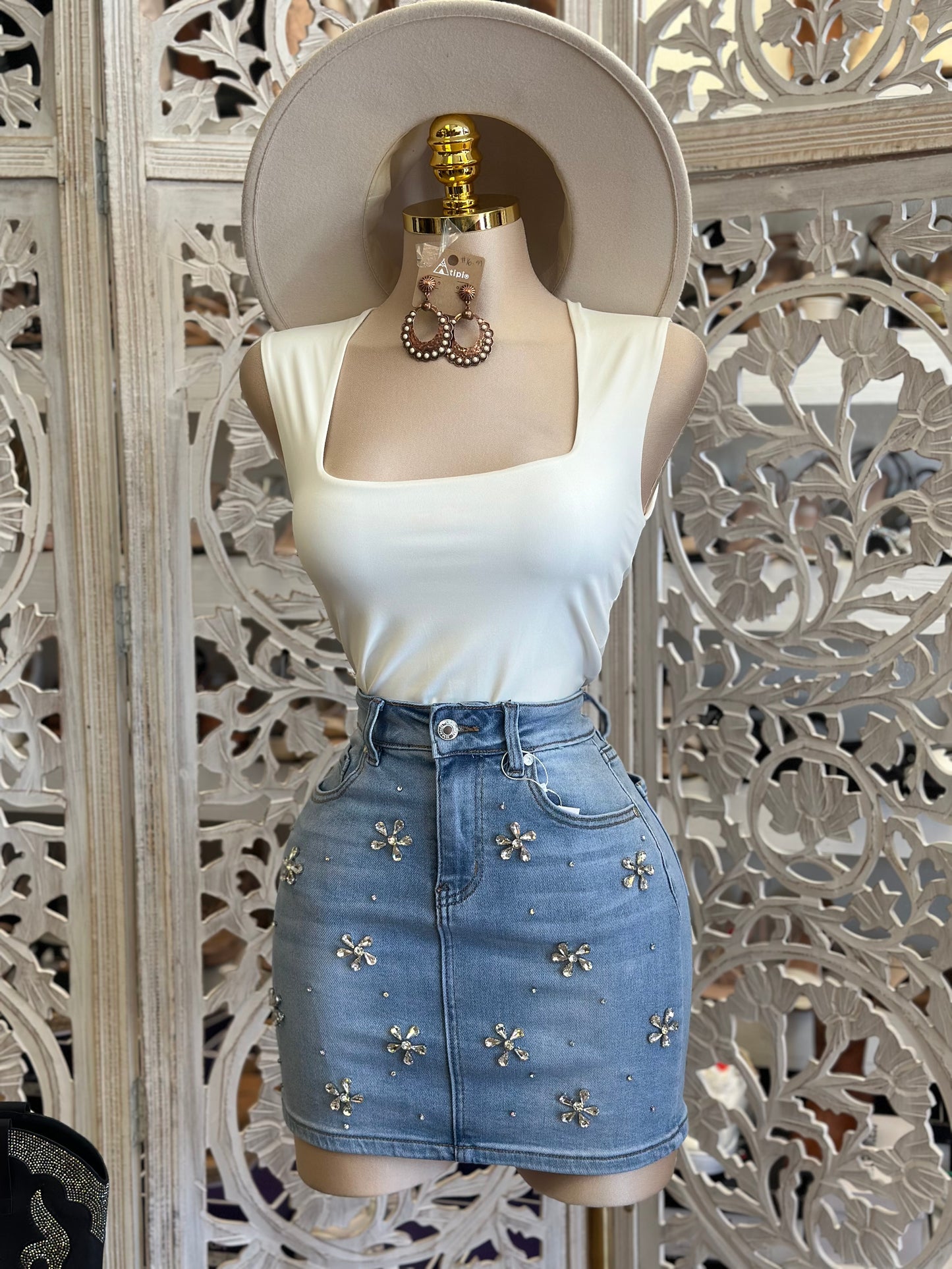 Flower Rhinestone Mini Skirt-Estira , Stretchy