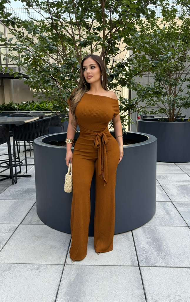 Mahogany Ribbed Asymmetrical Jumpsuit - Stretchy,Estira