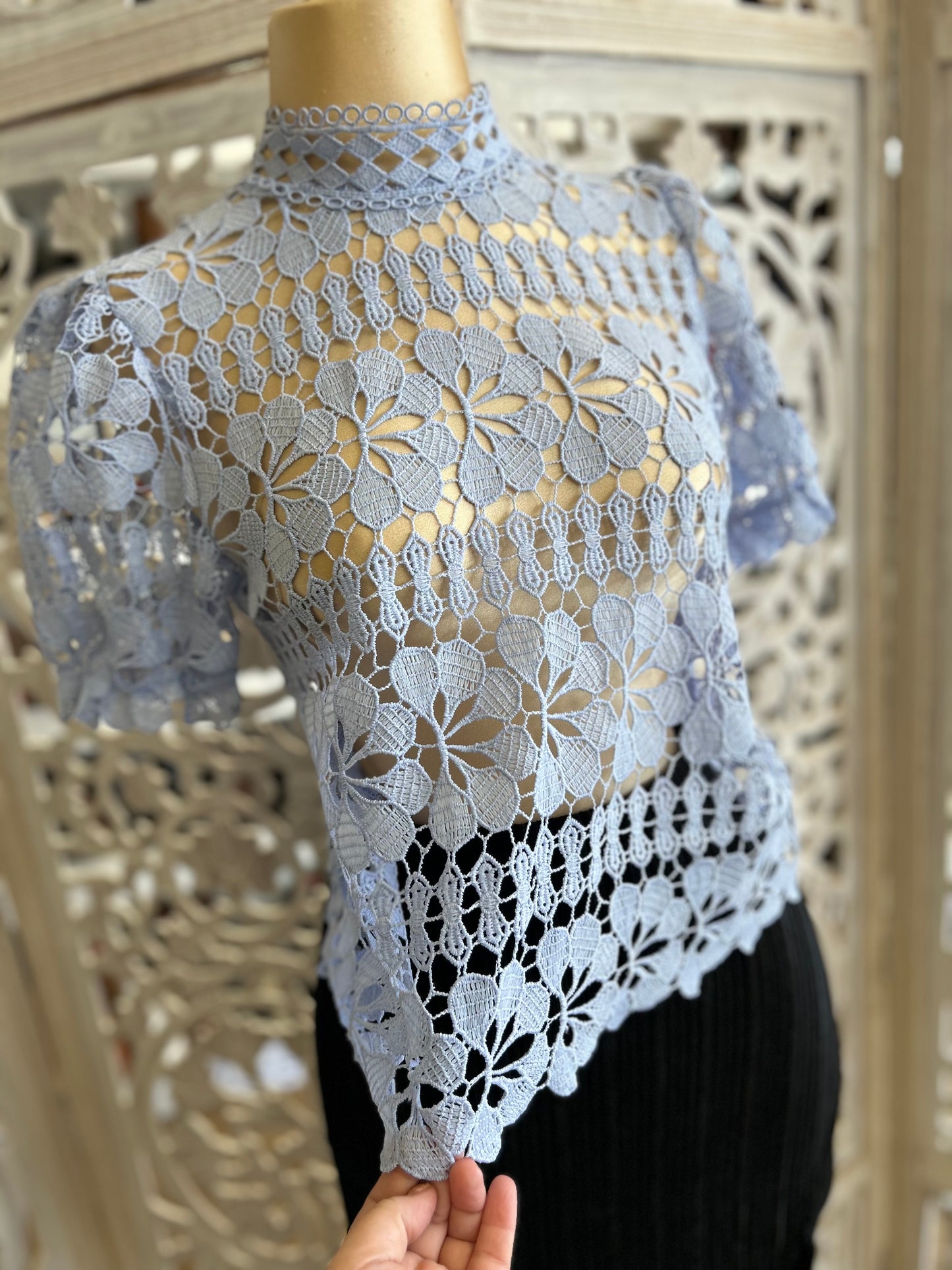 Light Blue Mock Neck Crochet Blouse