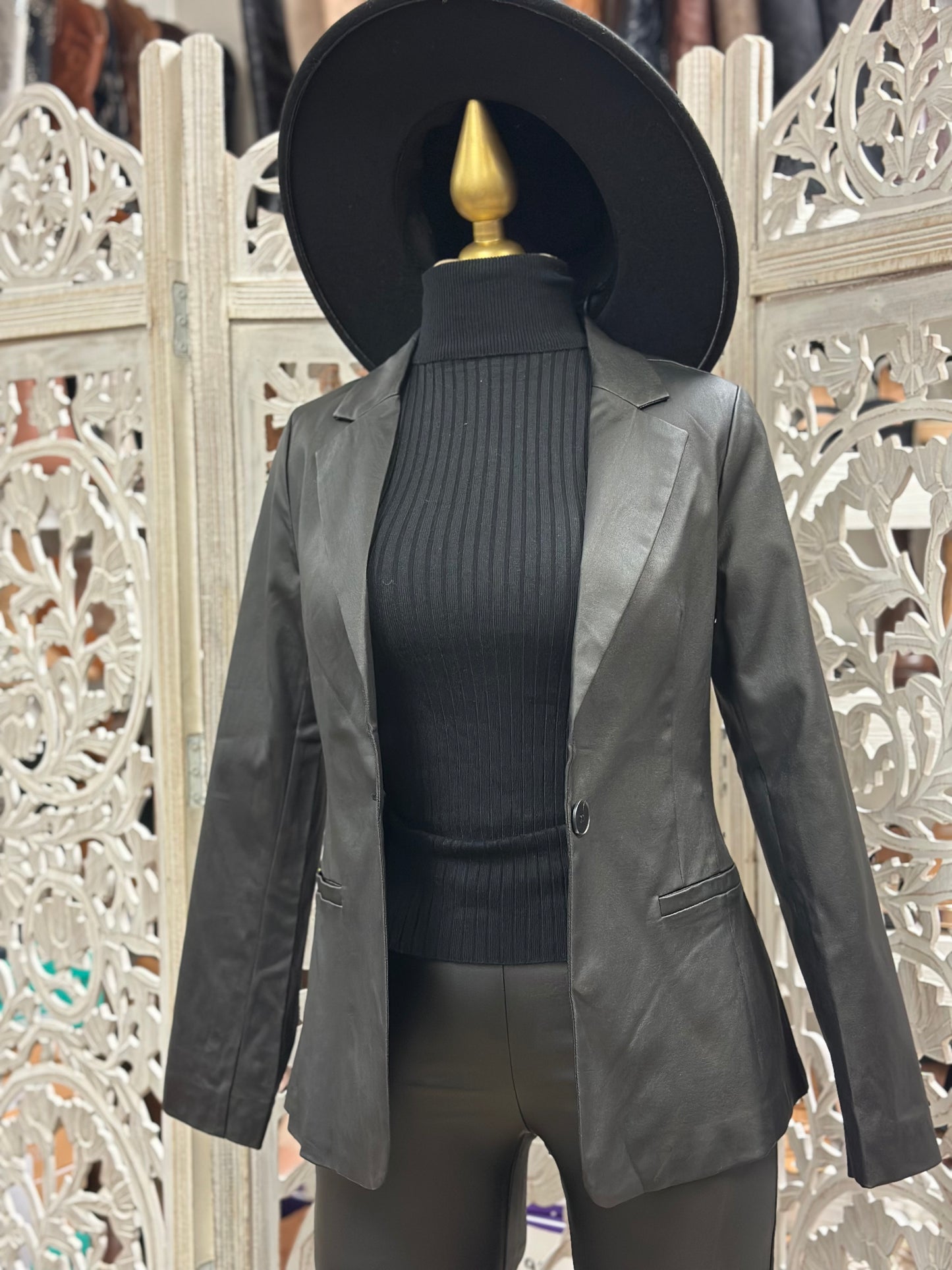 Black Faux Leather Blazer Coat- Stretchy, Estira