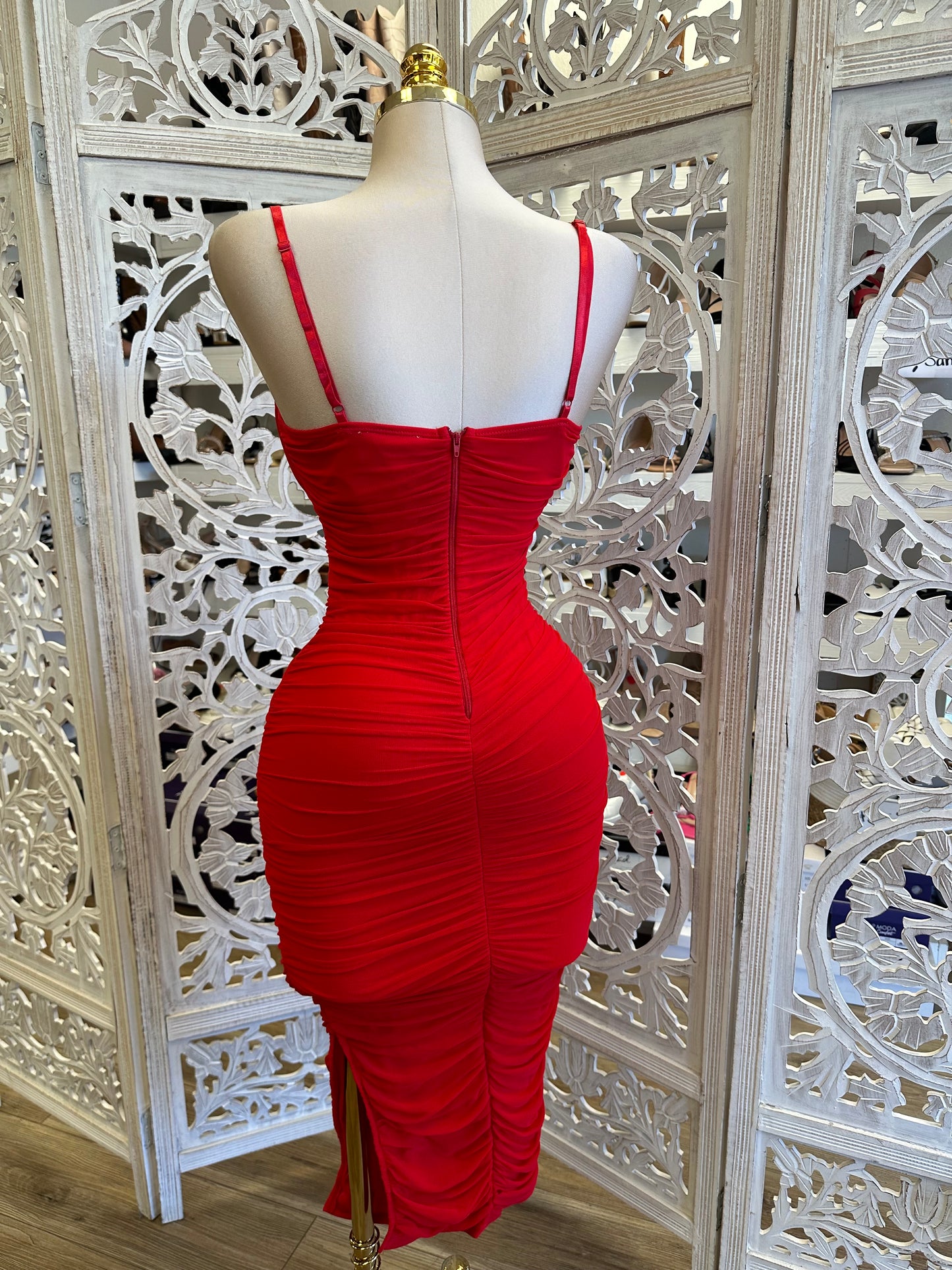 Red Cami Midi Dress- Stretchy, Estira