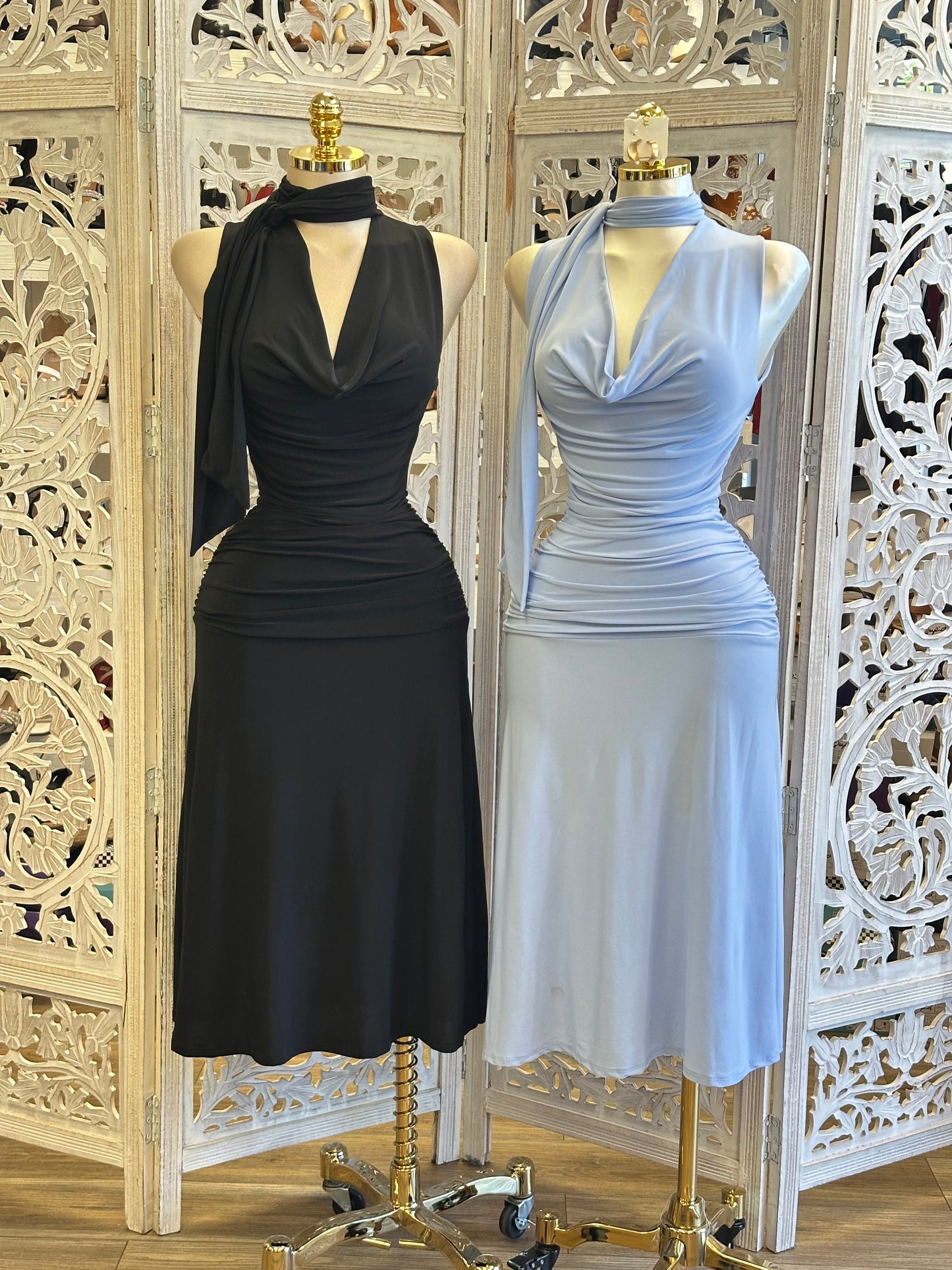 Midi Cowl Neck Scarfed Dress- Estira, Stretchy