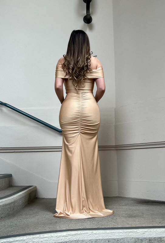 Champagne Heartline Ruched Gown- Slightly Stretchy, Estira