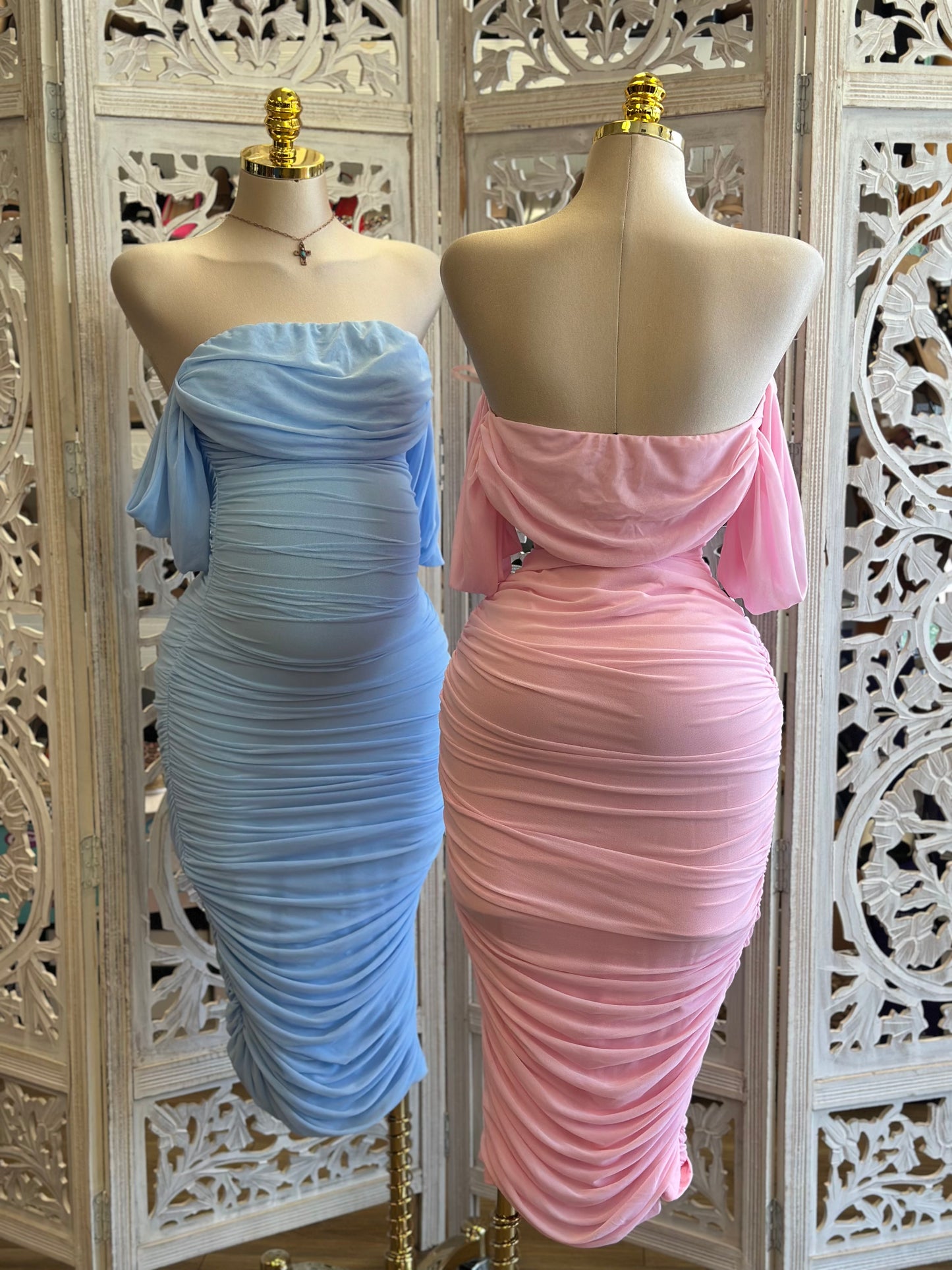 Ruched Off Shoulder Dress- Stretchy, Estira