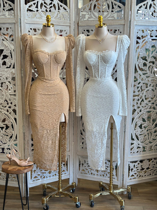 Puff Sleeve Lace MidiDress -Estira, Stretchy