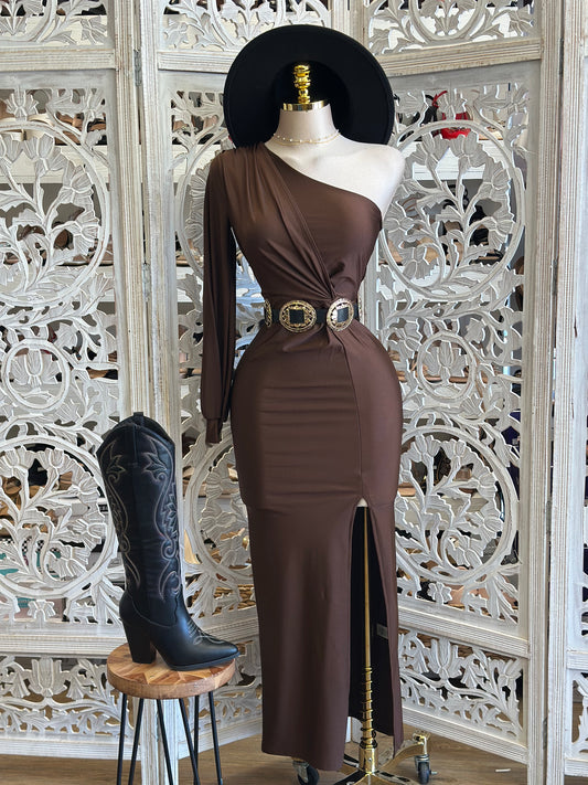 Deep Brown One Sleeve Knotted Dress- Stretchy