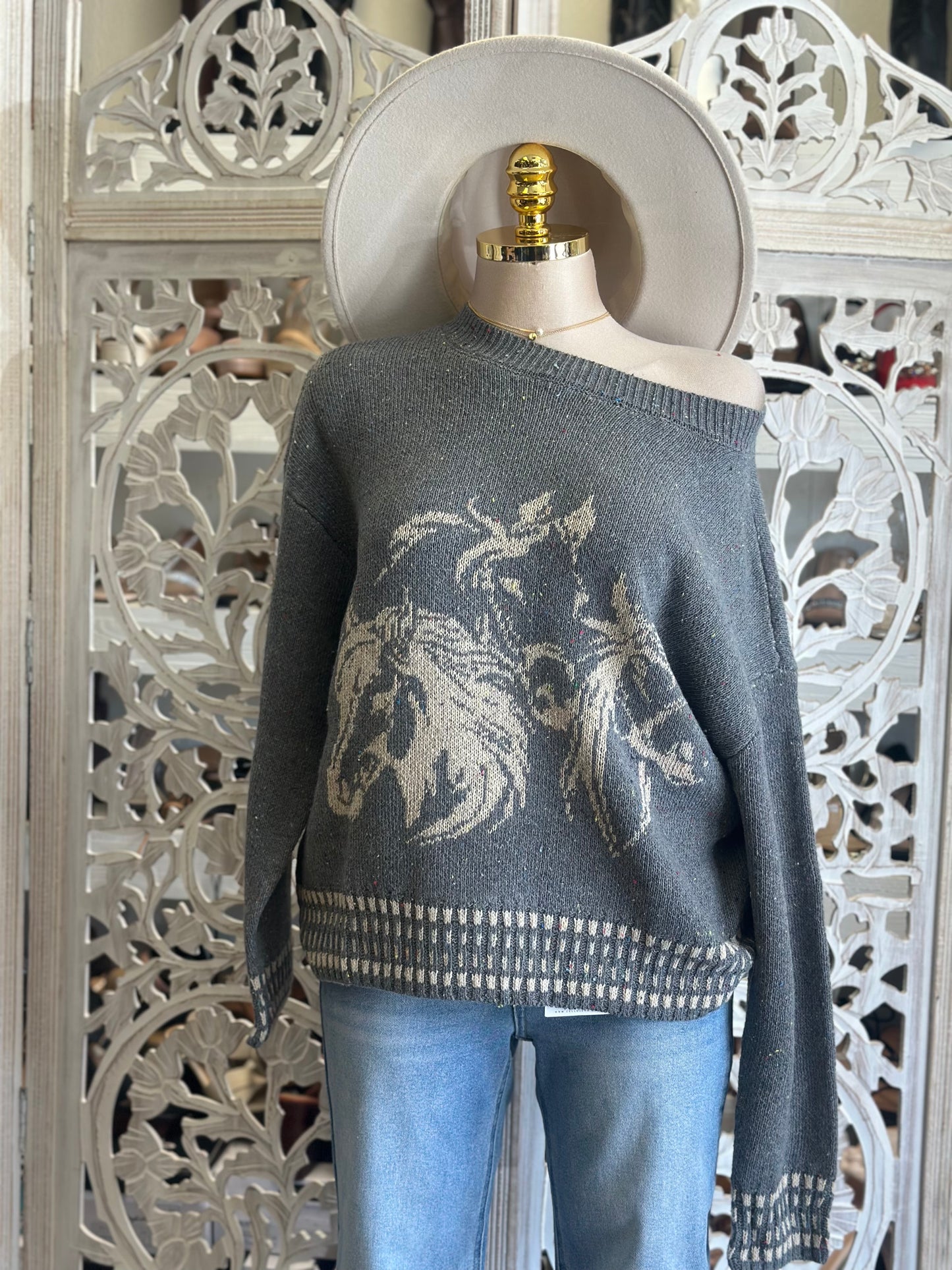 Horse Print Off Shoulder Knit Sweater