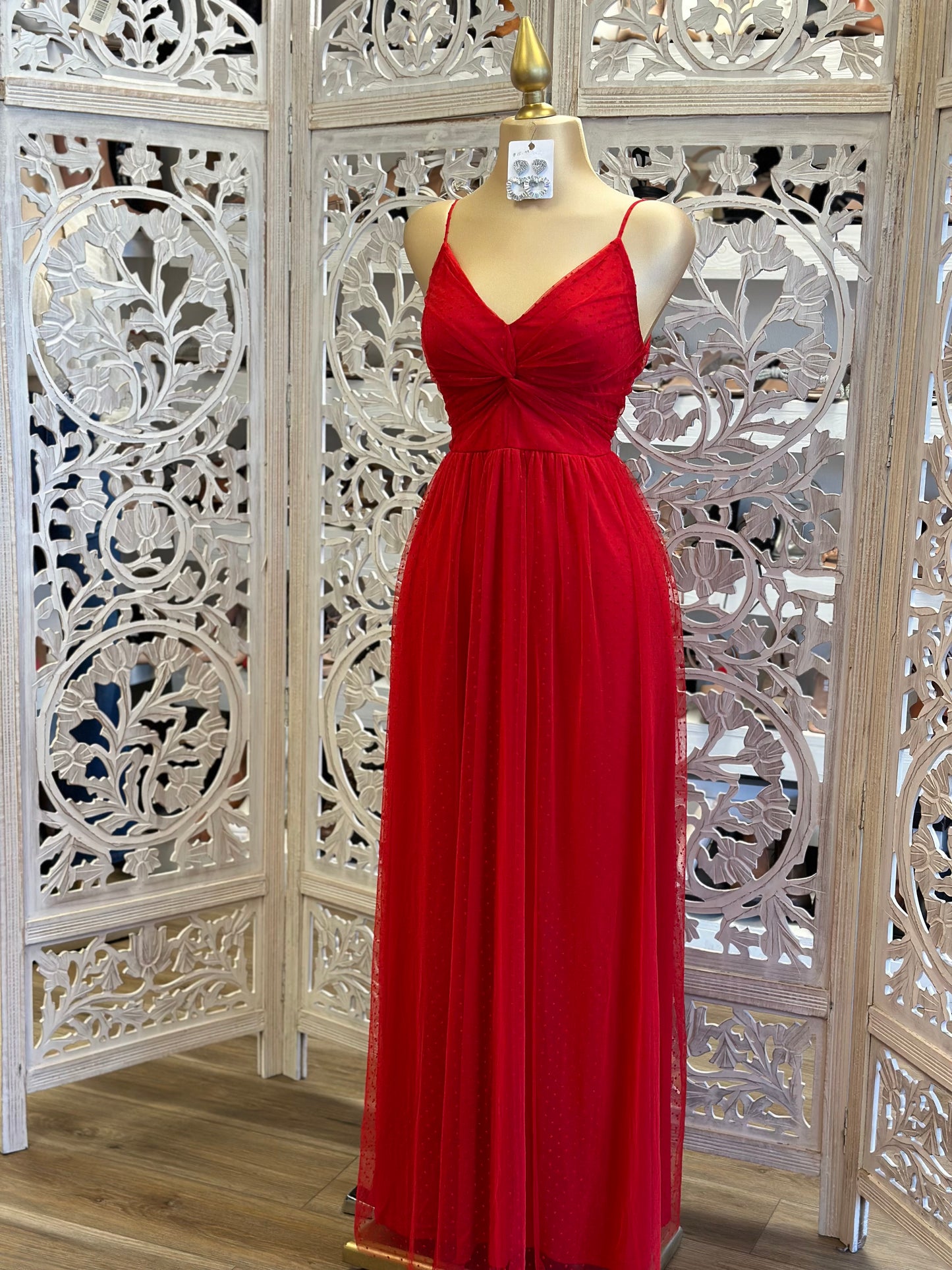 Red Knotted Tulle Maxi Dress- Not Stretchy