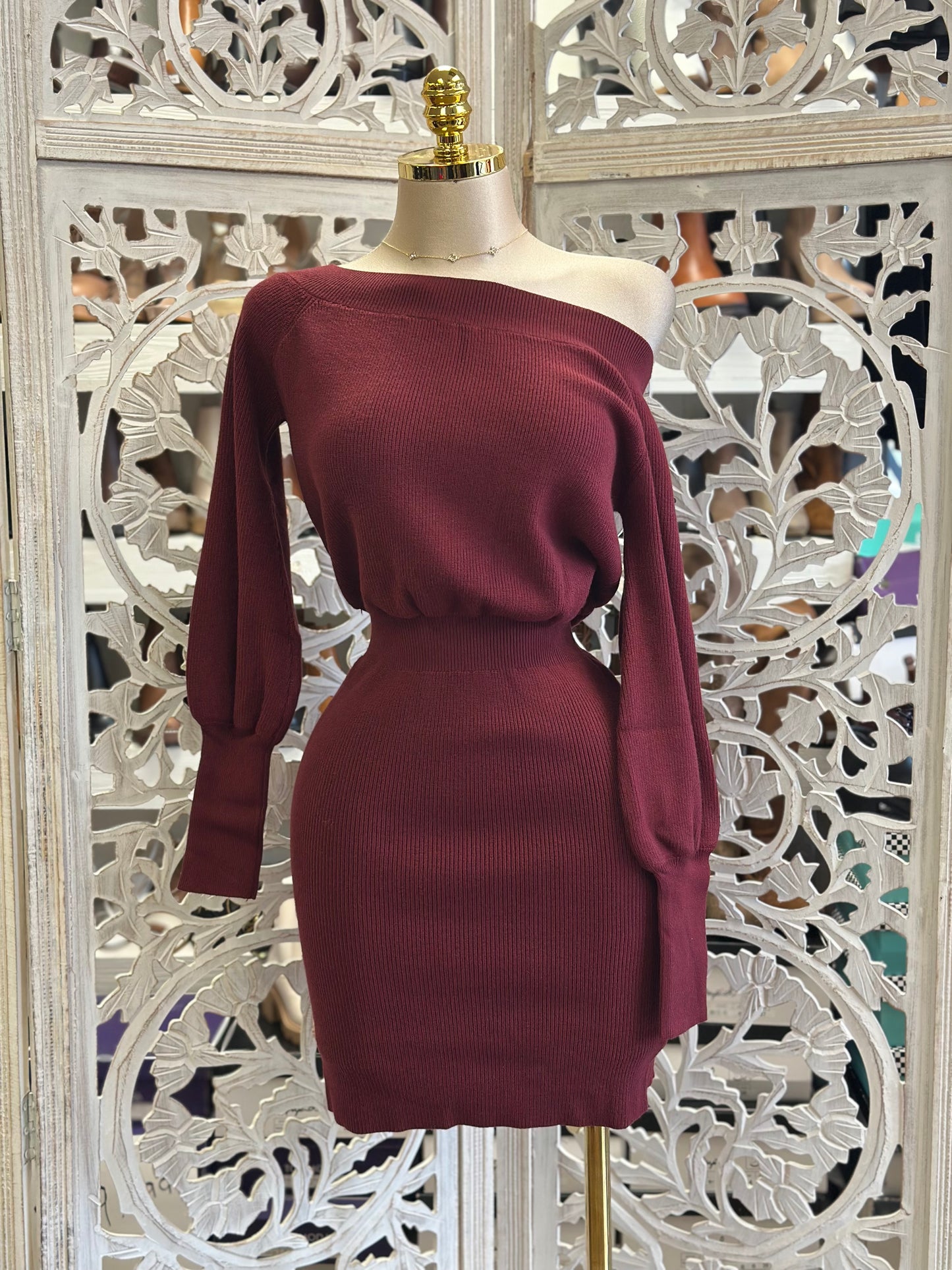 Draped Shoulder Burgundy Dress- Stretchy,Estira