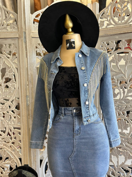 Rhinestone Fringe Denim Jacket- Stretchy